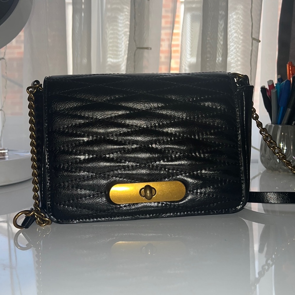 Black purse with adjustable gold chain detailing. Never worn out before.